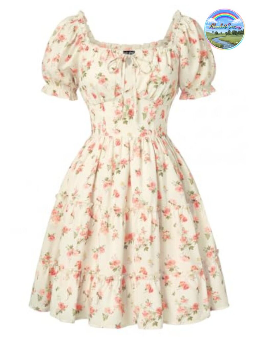 Women's Floral Corset Mini Dress Ruched Back Puff Sleeve Square Neck Pocket